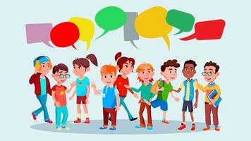 Group Of Pupils Vector. School. Mix Race. Chat Bubbles. Communication Bubble. Teamwork. Lifestyle. Message. Flat Cartoon Illustration vector