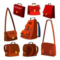 Brown Leather Bag Set Vector. Briefcase. For Male, Female. School And Business. Isolated Cartoon Illustration vector