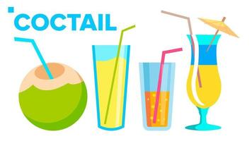 Coctail Icons Set Vector. Summer Alcoholic Drink. Holiday Beach Party Menu. Isolated Flat Cartoon Illustration vector