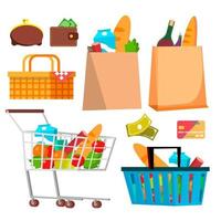 vector de iconos de compras de tienda. billetera, dinero, carrito de crédito, productos. ilustración de dibujos animados aislados