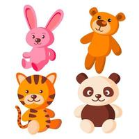 vector de juguetes blandos para niños. oso, tigre, liebre, panda. ilustración de dibujos animados plana aislada