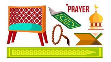 Prayer Muslim Items Vector. Koran, Rosary, Mosque. Isolated Flat Cartoon Illustration