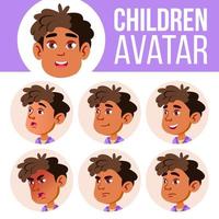 Arab, Muslim Boy Avatar Set Kid Vector. Kindergarten. Face Emotions. Preschool, Baby, Expression. Birth, Life, Emotional. Print, Invitation. Cartoon Head Illustration vector