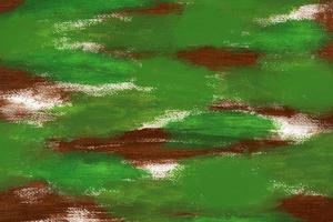 Abstract acrylic brown and green paint on textured horizontal canvas. Brushstrokes of dark brown and shades of green paint create a camouflage pattern. Artistic background with copy space. photo