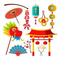 Japanese, Chinese Icons Vector. Sakura, Dragon, Flashlights, Symbols, Fan, Umbrella. Isolated Flat Cartoon Illustration