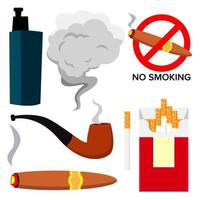 Smoking Icons Vector. Cigarette, Cigar, Protect Symbol, Electronic Cigarette, Vape. Addiction. Isolated Cartoon Illustration