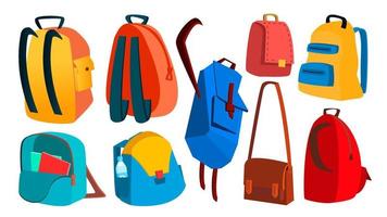 vector conjunto de mochila escolar. objeto de educación. equipo para niños. mochila colorida. ilustración de dibujos animados aislados