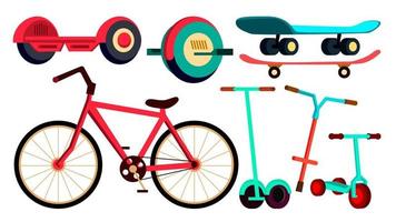 elementos con ruedas fijados en bicicleta, monopatín, vector de scooter. transporte urbano. artilugio moderno. ilustración de dibujos animados aislados