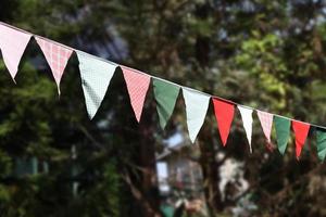 Closeup of multicolored bunting hanging up in front of a green background,triangle flag blur background photo