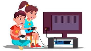 Boy And Girl Playing Video Games Together Vector. Isolated Illustration vector