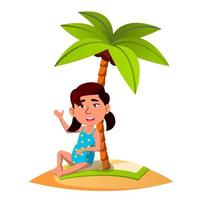 Asian Child Sitting On The Sand On The Beach Under Palm Tree Vector. Isolated Illustration vector