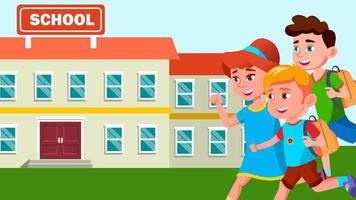 Running Children With Backpacks On The Background Of The School Building Vector. Isolated Illustration vector