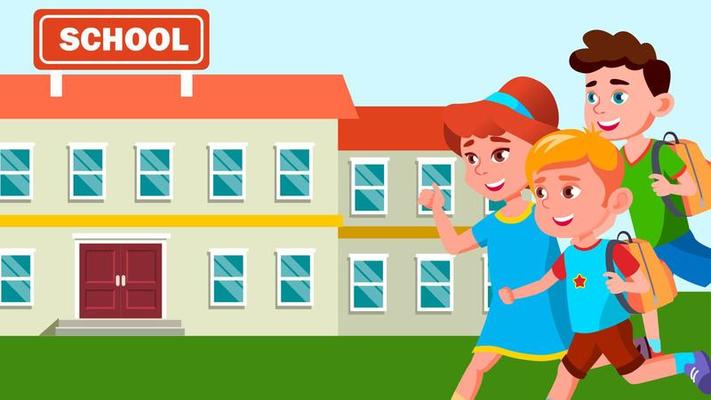 Running Children With Backpacks On The Background Of The School Building Vector. Isolated Illustration