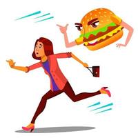 mujer asustada huyendo del vector de hamburguesa. ilustración de dibujos animados aislados