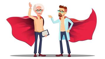 Two Doctors In Read Cloak Of Super Hero Vector. Isolated Cartoon Illustration vector