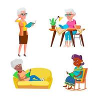 Old Woman Reading And Enjoying Book Set Vector