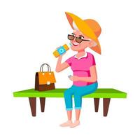 Elderly Woman Drinking Soda Water In Park Vector