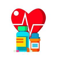píldoras de botellas médicas en el fondo del vector gráfico del corazón y los latidos del corazón. ilustración de dibujos animados aislados