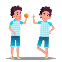 Allergic Reaction, Sad Boy With Red Spots Holding An Orange Vector. Isolated Cartoon Illustration vector