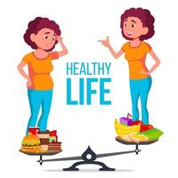 Fat And Slim Girl On The Scales With Healthy And Unhealthy Food Vector. Isolated Cartoon Illustration vector