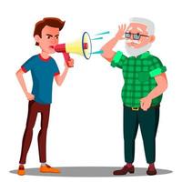 Guy Screaming To Hearing Impaired Elderly Man Vector. Isolated Cartoon Illustration vector