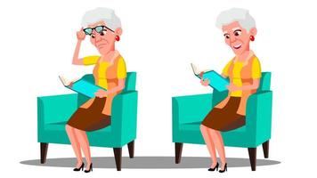 anciana con discapacidad visual leyendo un vector de libro. ilustración de dibujos animados aislados
