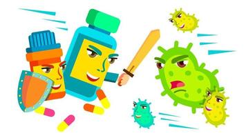 Pill Fighting With Sword And Shield Against Bacteria Attacking It, Medical Protect Concept Vector. Isolated Cartoon Illustration vector