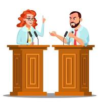 Two Doctor Argue Behind The Tribune With Microphone At Conference Vector. Isolated Cartoon Illustration vector