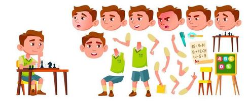 Boy Kindergarten Kid Vector. Animation Creation Set. Face Emotions, Gestures. Caucasian Child Expression. Activity. For Web, Poster, Booklet Design. Animated. Isolated Cartoon Illustration