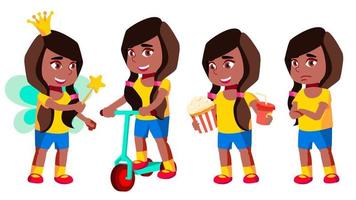 Girl Kindergarten Kid Poses Set Vector. Black. Afro American. Preschool. Young Positive Person. Beauty. For Banner, Flyer, Brochure Design. Isolated Cartoon Illustration vector