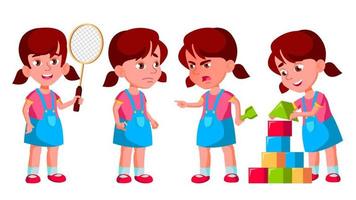 Girl Kindergarten Kid Poses Set Vector. Preschooler Playing. Friendship. For Web, Poster, Booklet Design. Isolated Cartoon Illustration vector