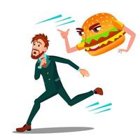 hombre asustado huyendo del vector de hamburguesa. ilustración de dibujos animados aislados