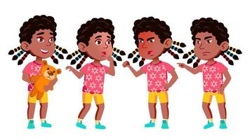 niña jardín de infantes poses set vector. negro. afroamericano. niños pequeños amistosos. lindo, cómico. para web, folleto, diseño de afiches. ilustración de dibujos animados aislados vector