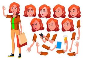 Teen Girl Vector. Teenager. Funny, Friendship. Face Emotions, Various Gestures. Animation Creation Set. Isolated Flat Cartoon Character Illustration vector