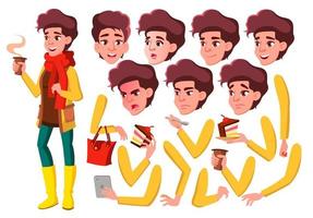 Teen Girl Vector. Teenager. Active, Expression. Face Emotions, Various Gestures. Animation Creation Set. Isolated Flat Cartoon Character Illustration vector