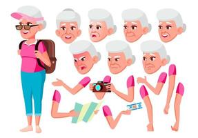 Old Woman Vector. Senior Person. Aged, Elderly People. Friendly, Cheer. Face Emotions, Various Gestures. Animation Creation Set. Isolated Flat Cartoon Character Illustration vector