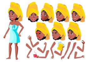 Teen Girl Vector. Teenager. Black. Afro American. Friendly, Cheer. Face Emotions, Various Gestures. Animation Creation Set. Isolated Flat Cartoon Character Illustration vector