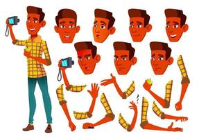 Teen Boy Vector. Teenager. Indian, Hindu. Asian. Friendly, Cheer. Face Emotions, Various Gestures. Animation Creation Set. Isolated Flat Cartoon Character Illustration vector