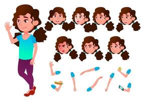 Girl, Child, Kid, Teen Vector. Schoolchild. Lecture. Face Emotions, Various Gestures. Animation Creation Set. Isolated Flat Cartoon Character Illustration vector