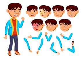 Asian Boy, Child, Kid, Teen Vector. Teenager, Education. Face Emotions, Various Gestures. Animation Creation Set. Isolated Flat Cartoon Character Illustration vector