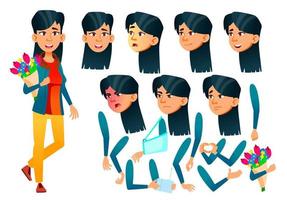 vector de chica adolescente asiática. adolescente. actividad, hermoso. enfrentar emociones, varios gestos. conjunto de creación de animación. ilustración de personaje de dibujos animados plano aislado