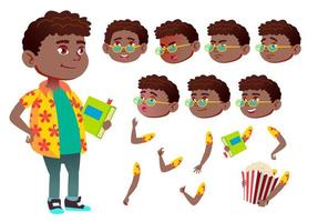 Boy, Child, Kid, Teen Vector. Black. Afro American. Schoolchildren, Teen. Face Emotions, Various Gestures. Animation Creation Set. Isolated Flat Cartoon Character Illustration vector