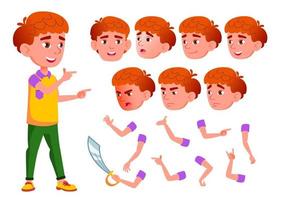 Boy, Child, Kid, Teen Vector. Smile. Cute. Happiness Enjoyment. Face Emotions, Various Gestures. Red Head. Animation Creation Set. Isolated Flat Cartoon Character Illustration vector