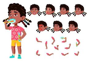Girl, Child, Kid, Teen Vector. Black. Afro American. Active Cute. Cheer, Pretty. Face Emotions, Various Gestures. Animation Creation Set. Isolated Flat Cartoon Character Illustration vector