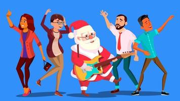 Santa Claus Dancing With Group Of People And Guitar In Hands. Corporate New Year. Christmas Party Vector Illustration