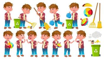 Boy Kindergarten Kid Poses Set Vector. Little Child. Helping On The Garden. Cleaning. Lifestyle. For Advertising, Placard, Print Design. Isolated Cartoon Illustration vector