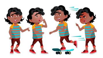 Black, Afro American Boy Kindergarten Kid Poses Set Vector. Kiddy, Child Expression. Junior. For Postcard, Cover, Placard Design. Isolated Cartoon Illustration vector