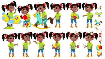 niña jardín de infantes poses set vector. negro. afroamericano. personaje emocional jugando. divirtiéndose en el patio de recreo. para presentación, invitación, diseño de tarjetas. ilustración de dibujos animados aislados vector