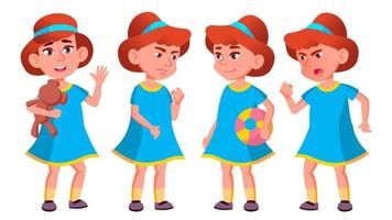 Girl Kindergarten Kid Poses Set Vector. Kiddy, Child Expression. Junior. For Postcard, Cover, Placard Design. Isolated Cartoon Illustration vector