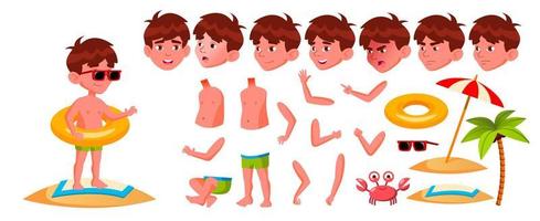 Boy Kindergarten Kid Vector. Animation Set. Emotions, Gestures. Summer Recreation. Vacation, Fun, Water Park, Beach,. For Web, Brochure, Poster Design. Animated. Isolated Cartoon Illustration vector